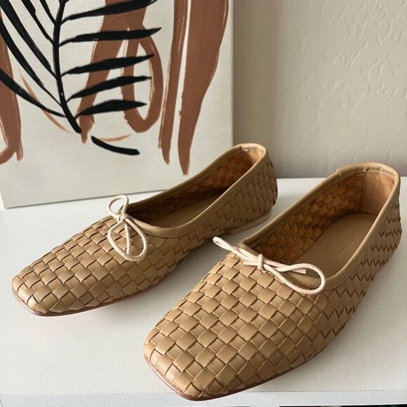 Freda Salvador Shoes - Freda Salvador Jada Square Toe Woven Leather Ballet Flat in Latte Tan Size 7.5